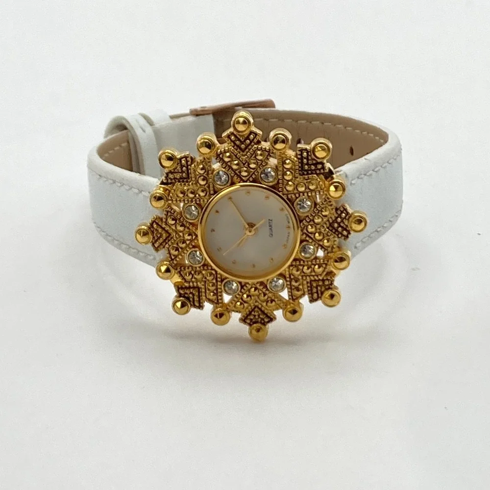 Avon Women's Watch Gold Tone Crystals Bling 35mm White Leather New Battery 7.75